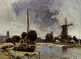Stream Canvas Paintings - A Sailboat Moored on the Bank of a Stream